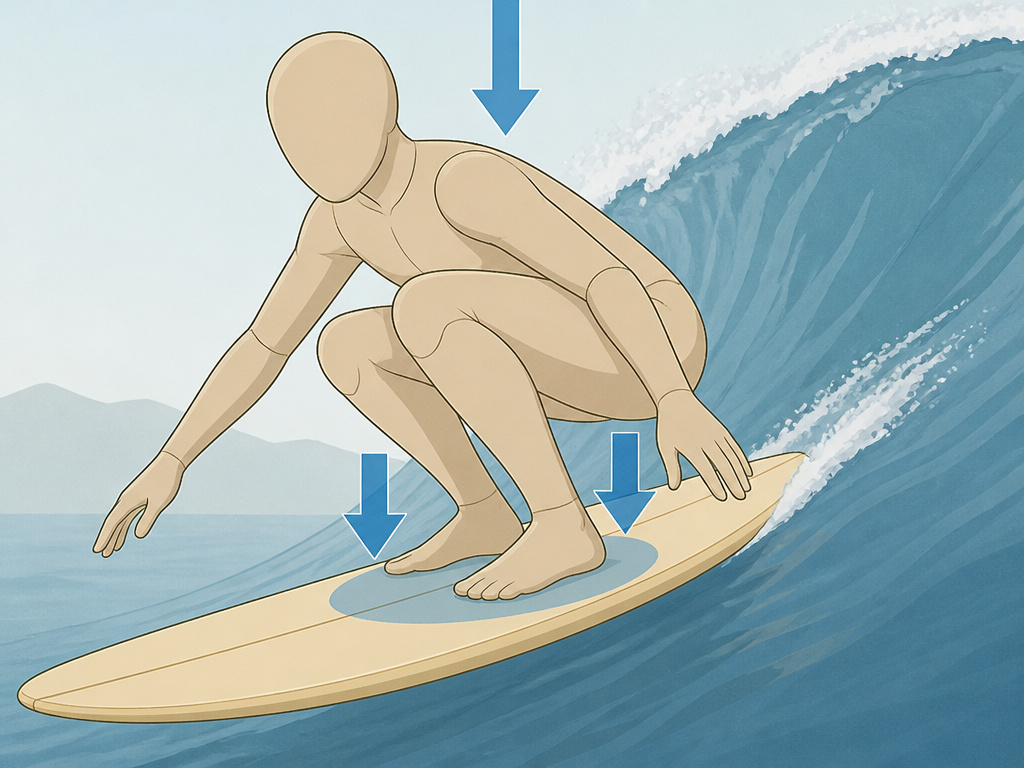 Low, stable surfing stance for popping a longboard on a wave.