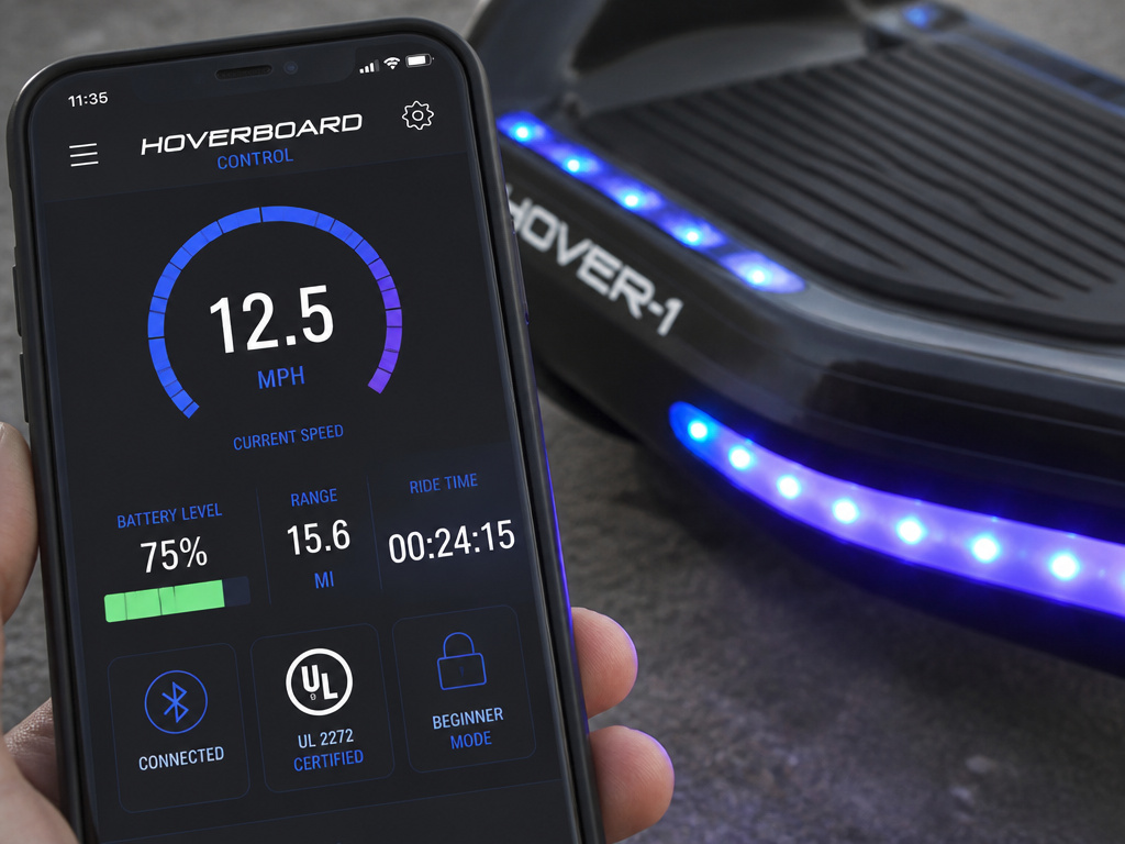 Close-up of a smartphone app controlling a Bluetooth hoverboard's speed and lights.