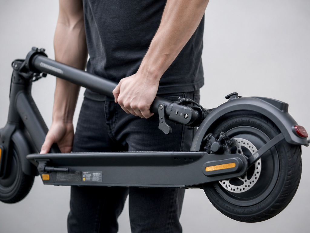 Hands lifting the folded Segway Ninebot Max G30P electric scooter.