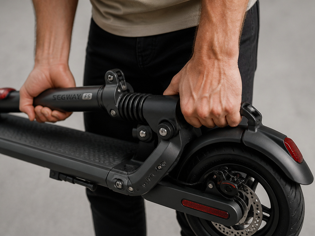 Folded Segway F SE scooter being lifted, showing portability and latch