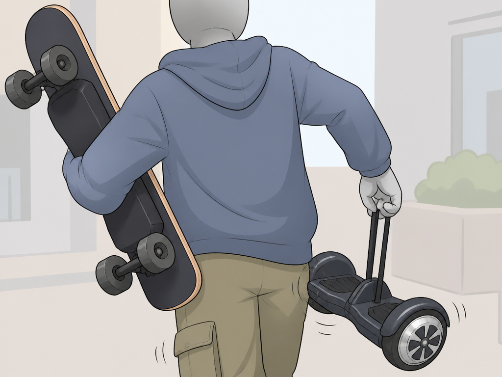 Person carrying a hoverboard and an electric skateboard to compare portability