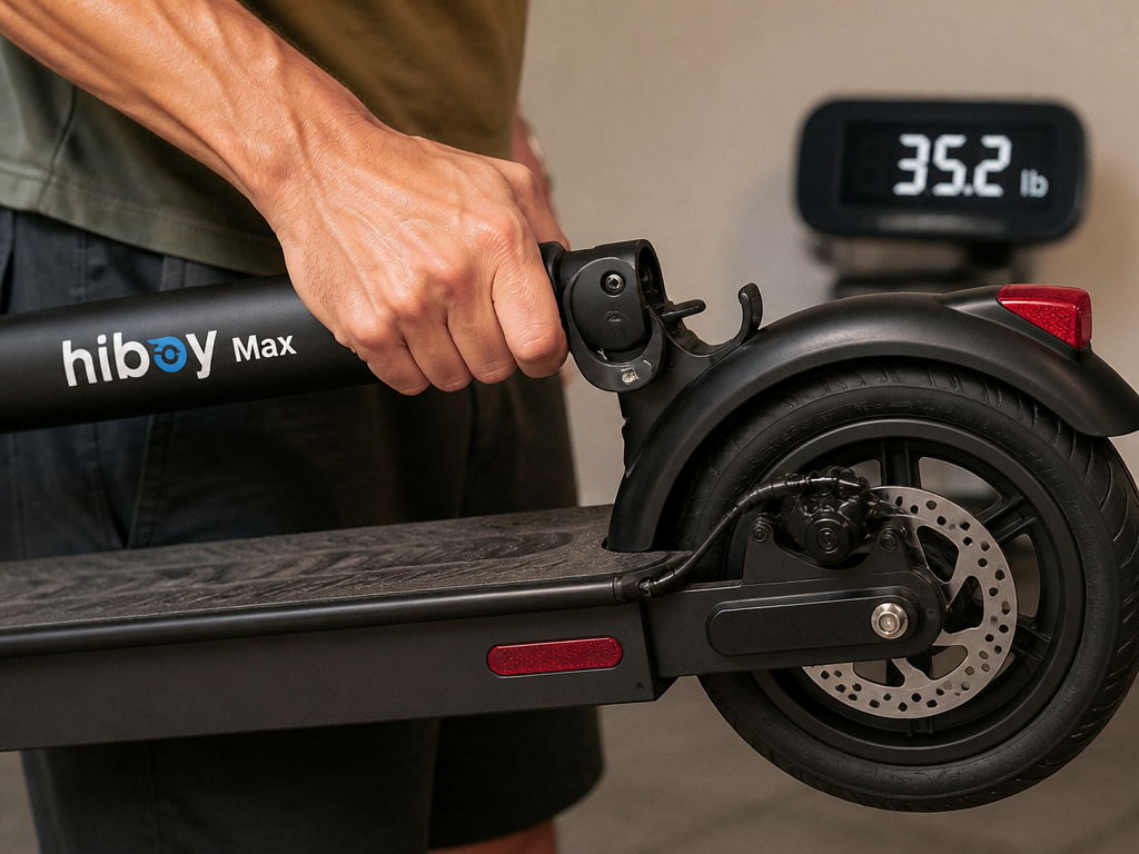 Person carrying folded Hiboy Max electric scooter, showing weight and portability.