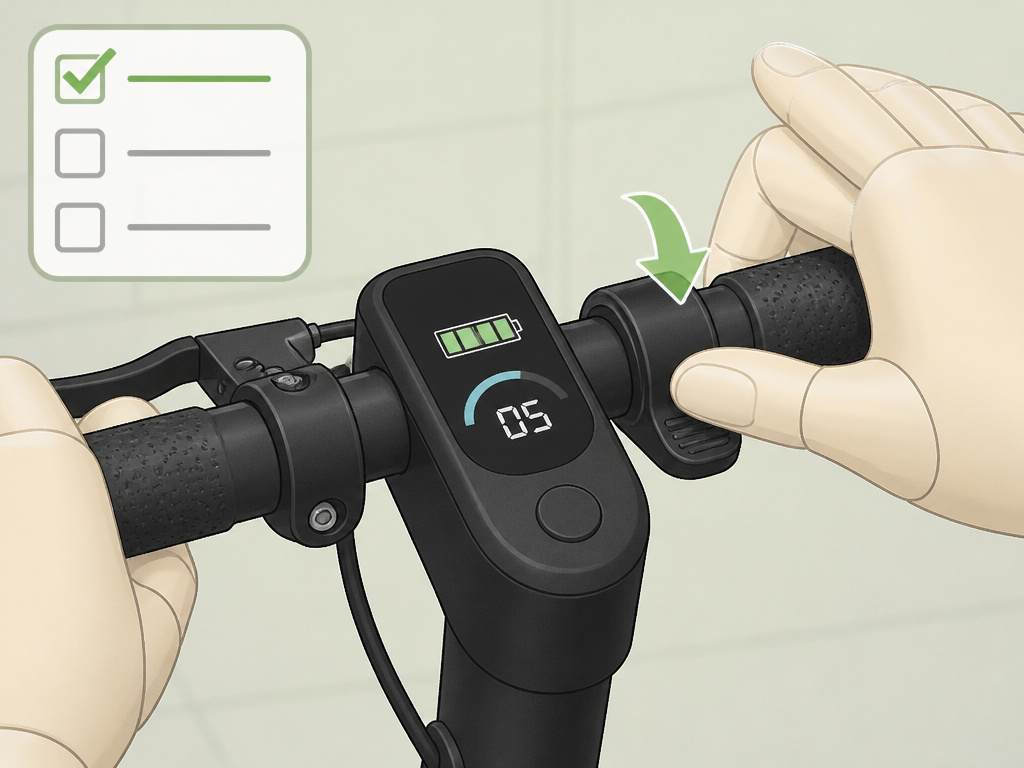 Cartoon checklist for testing Hover-1 scooter throttle after a factory reset.