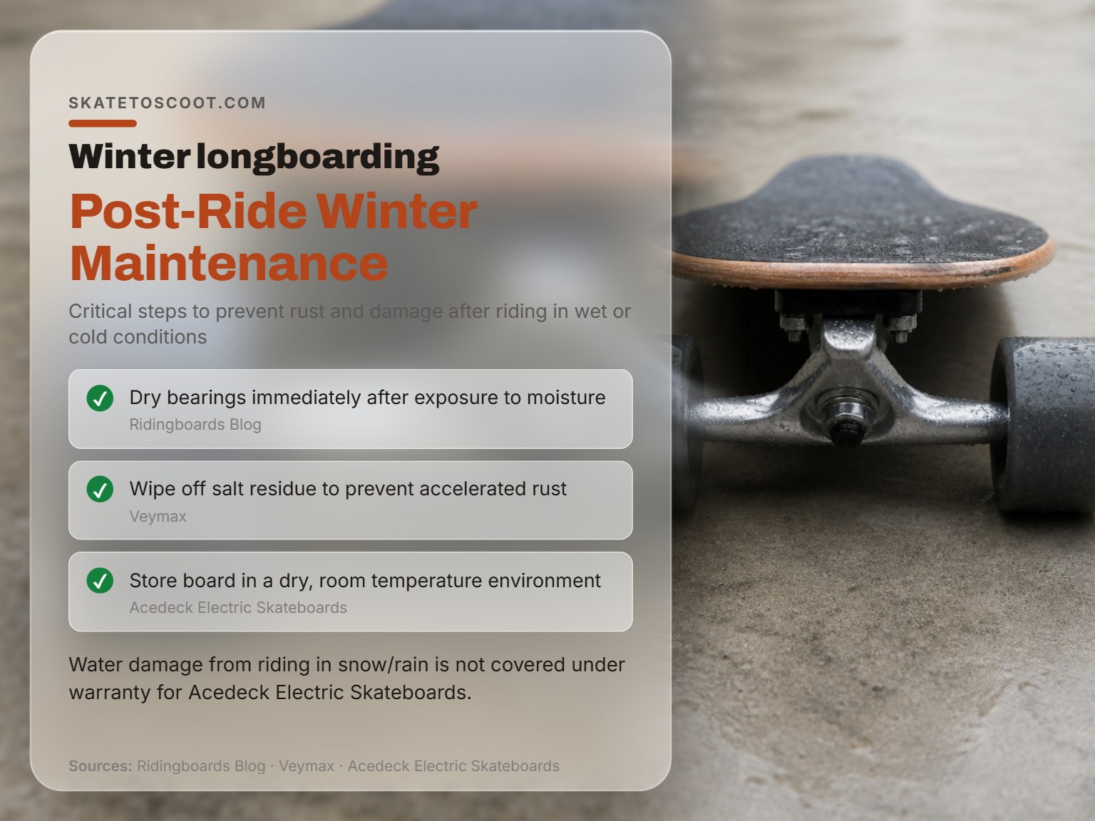 A wet longboard wheel and truck after a winter ride, requiring maintenance.