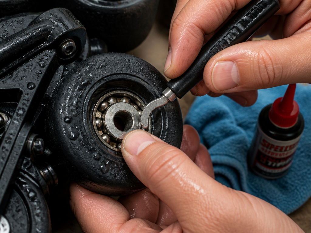 Close-up of disassembling wet roller skate bearing for post-rain maintenance.