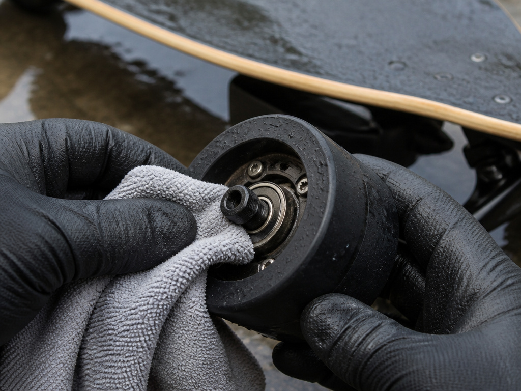Drying electric skateboard bearings after a wet ride to prevent water damage.
