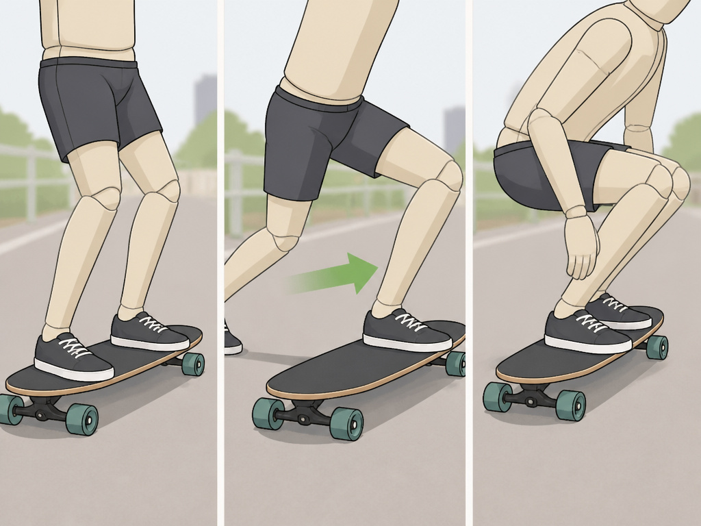 Three cartoon diagrams comparing longboard stances for cruising, pushing, and speed control.