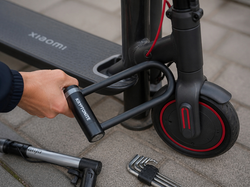 Essential accessories for a Xiaomi Scooter 4: U-lock, tire pump, and tools.