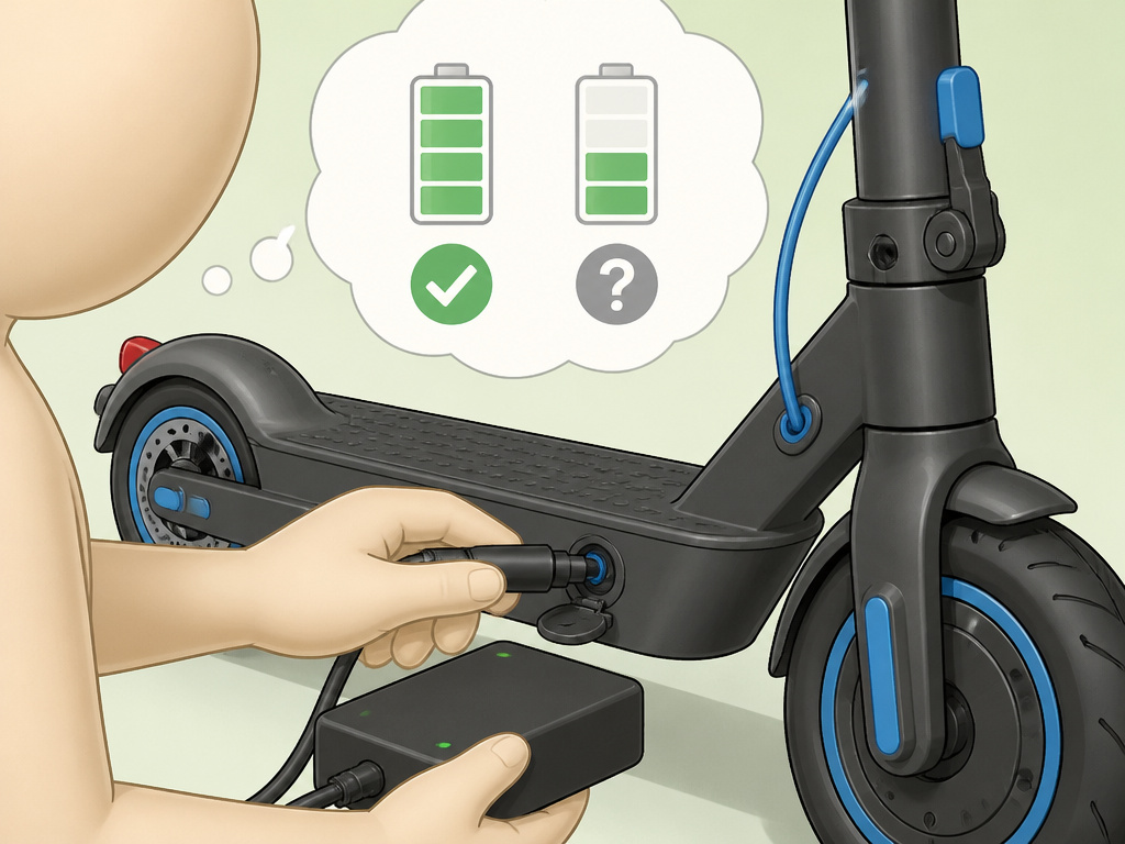 Cartoon of Hiboy scooter charging with contradictory battery care advice