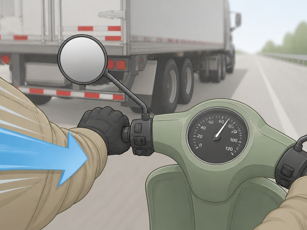 Scooter rider managing wind blast from a truck on the highway