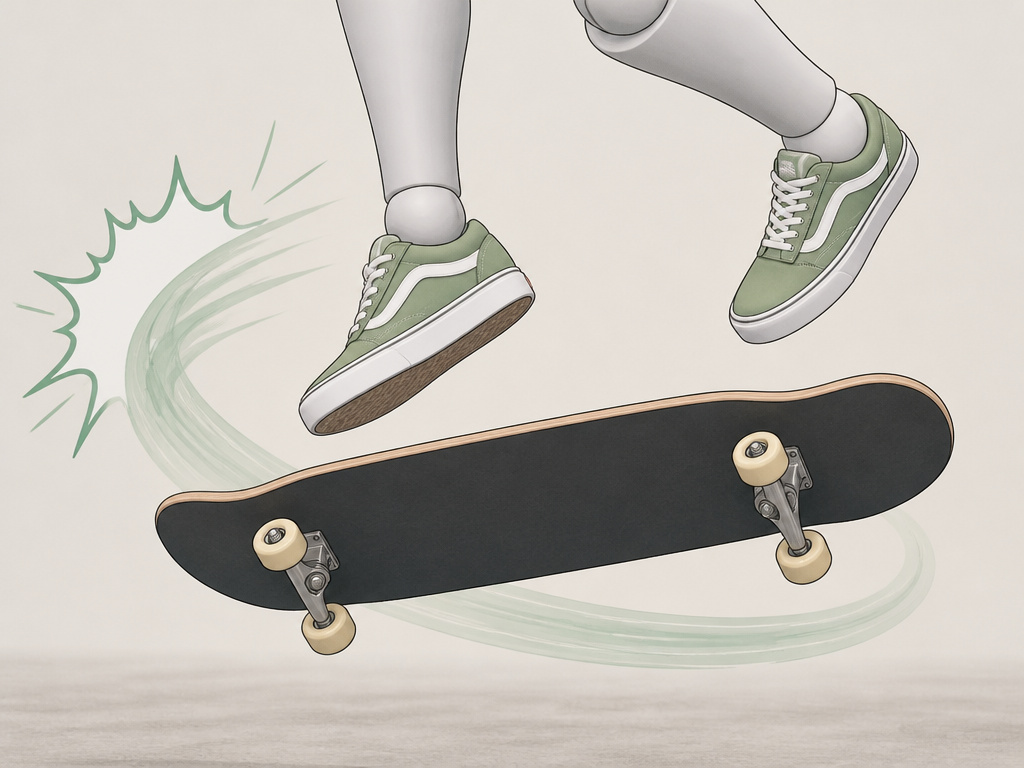 Cartoon illustration of a longboard mid-kickflip rotation, faceless rider.