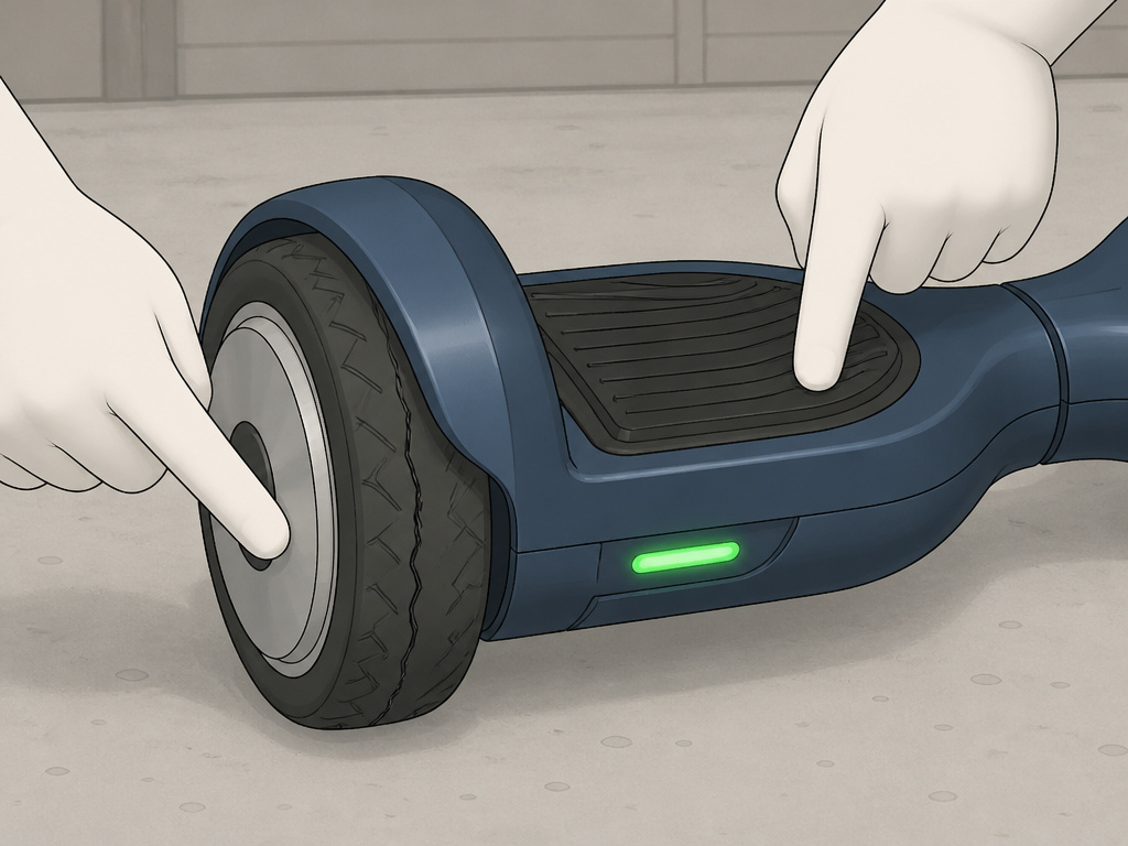 Close-up of hands inspecting a hoverboard tire and footpad before riding.