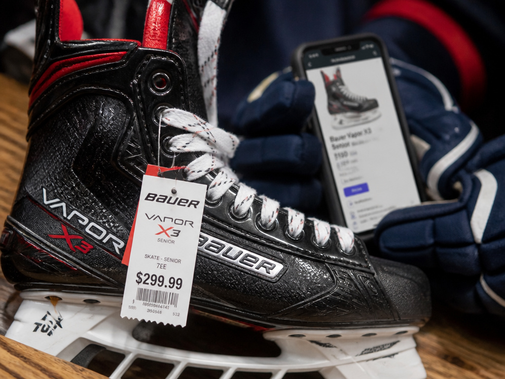 Bauer Vapor X3 skate with price tag and secondary market comparison