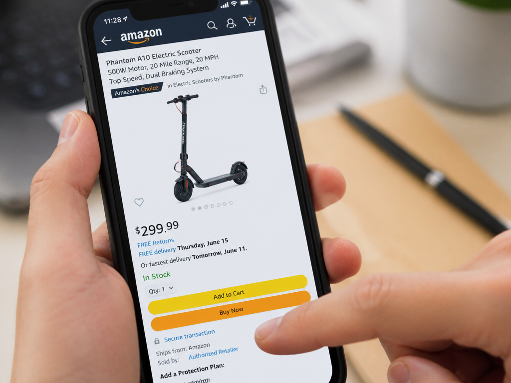 Phantom A10 scooter price and authorized seller listing on a smartphone.