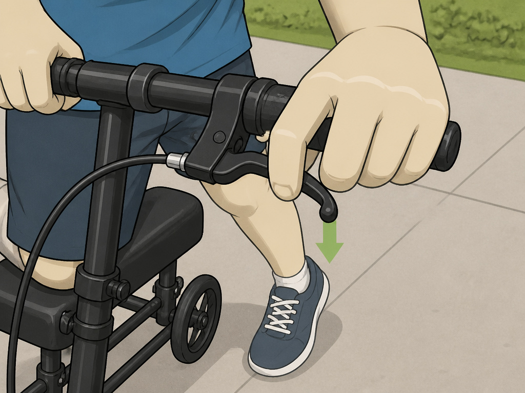 Close-up of proper knee scooter propulsion and braking technique.