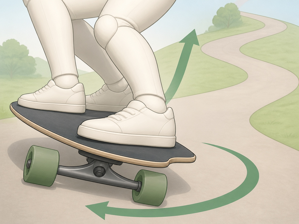 Longboarder pumping through a carved turn on an uphill winding path.