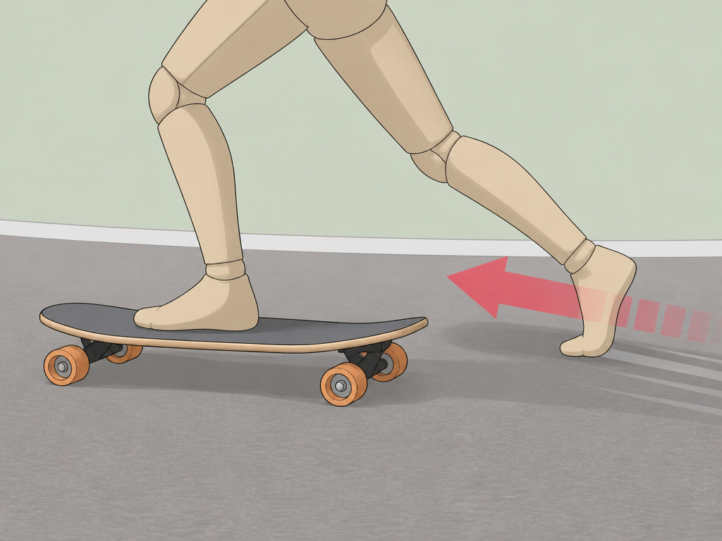Close-up diagram of a powerful pushing technique on a longboard for speed.