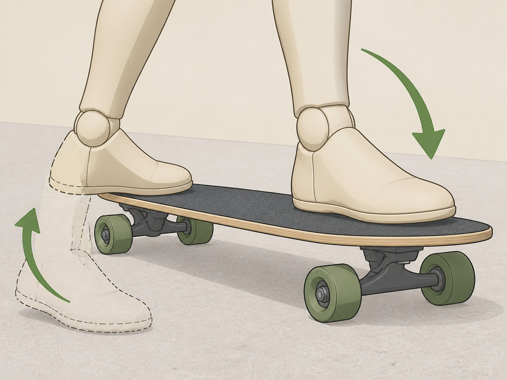 Cartoon illustration of proper foot placement and motion on a stationary longboard.