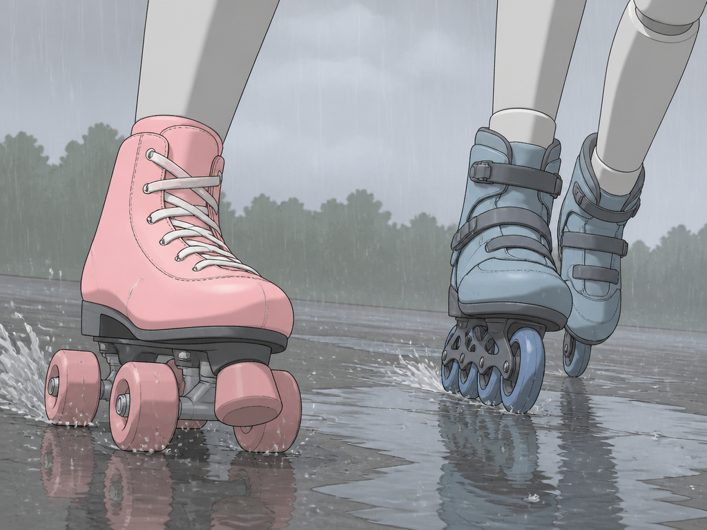 Quad skate versus inline skate wheel stability comparison on wet pavement