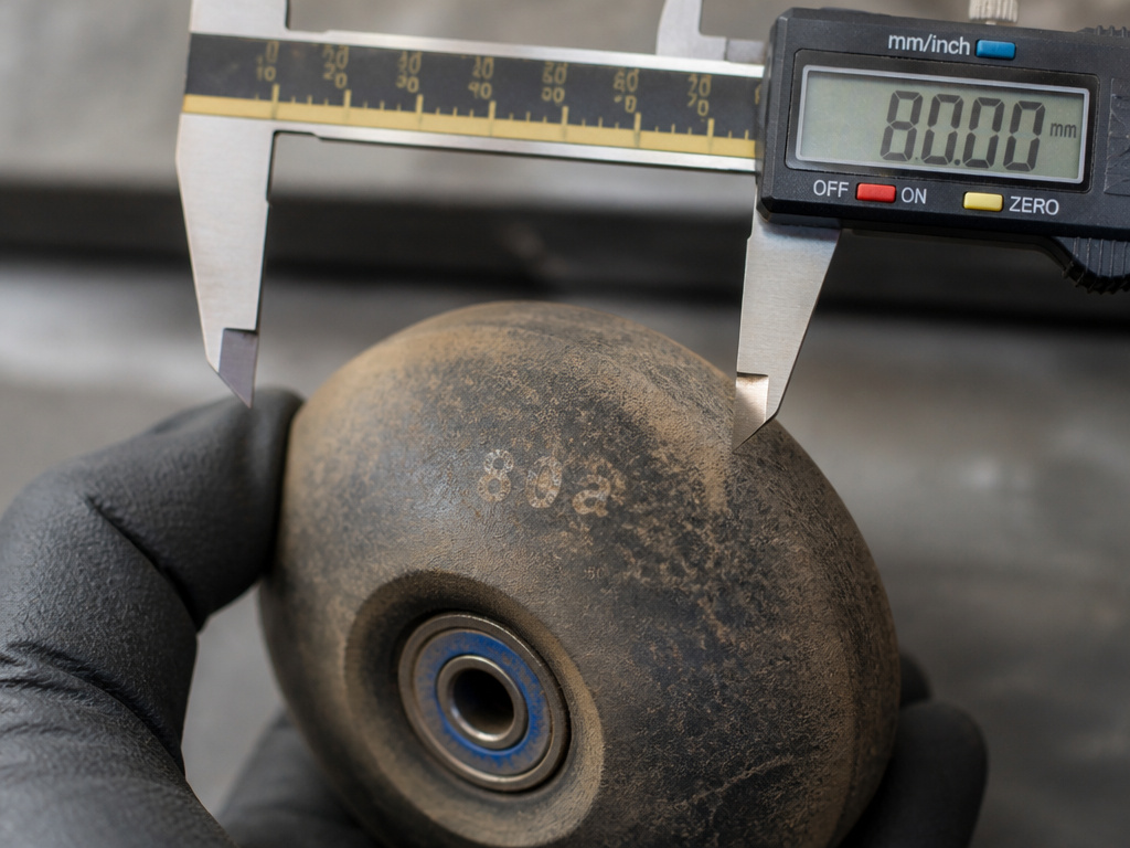 Close-up of measuring a worn longboard wheel's stamped durometer with calipers.