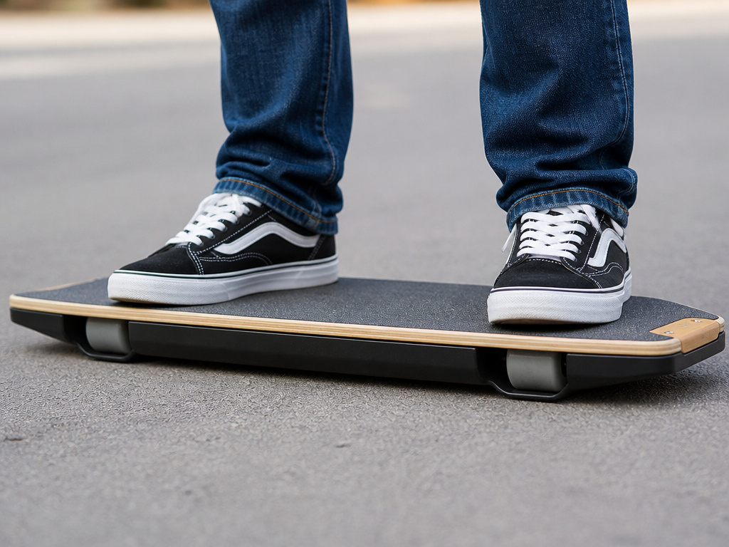 Beginner's feet on a stable, low drop deck longboard for easy pushing.
