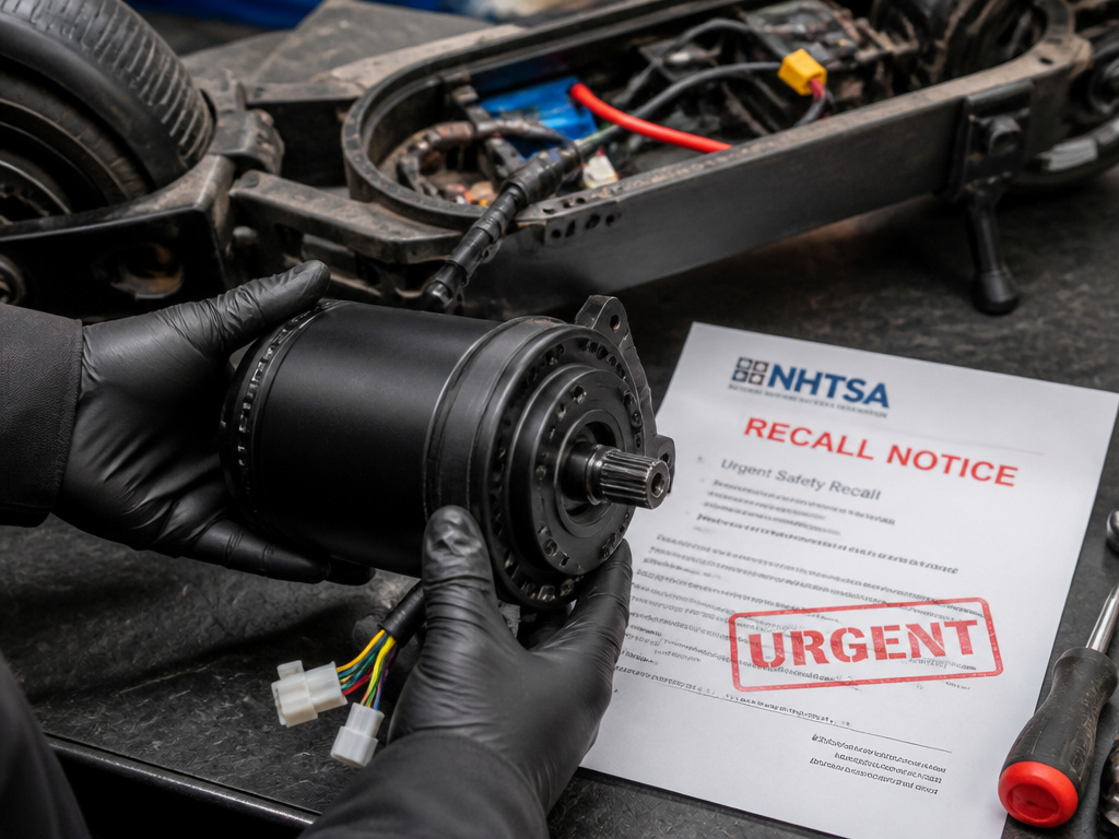 Electric scooter motor replacement during a recall, hands holding new part.