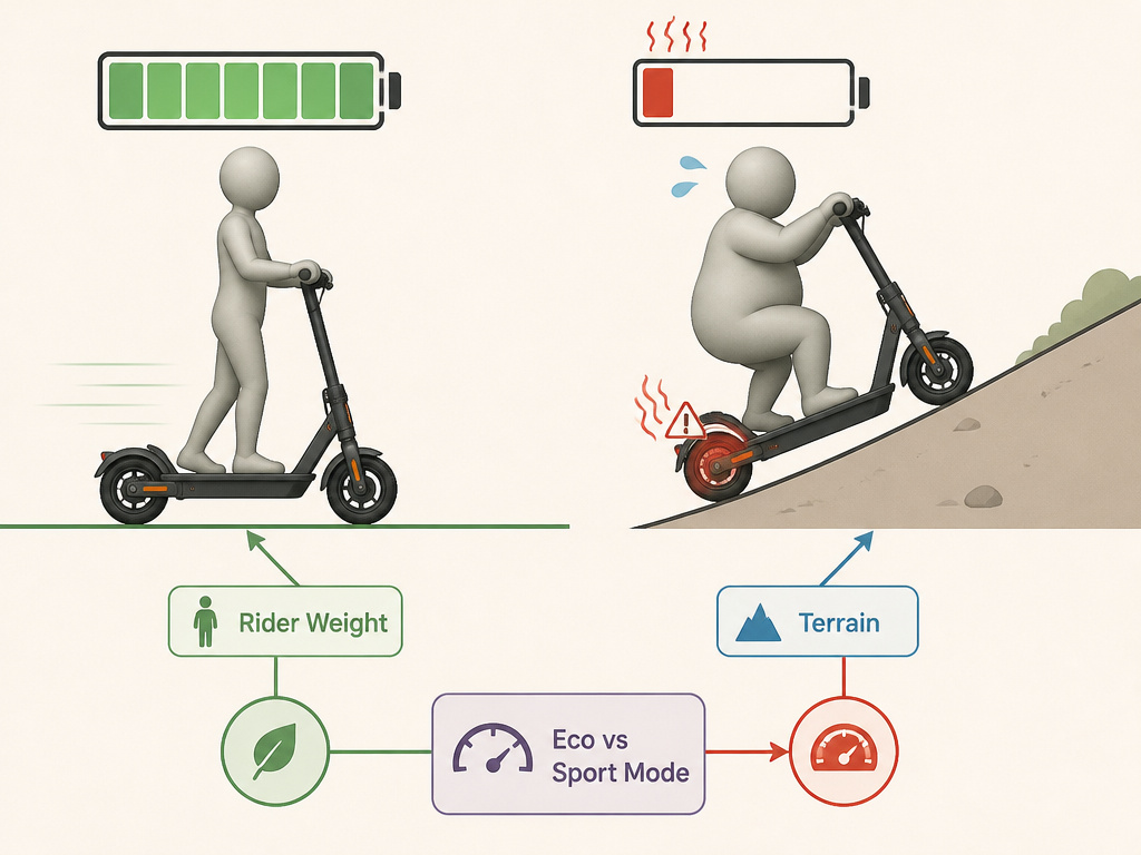 iX4 scooter range factors diagram comparing rider weight and terrain