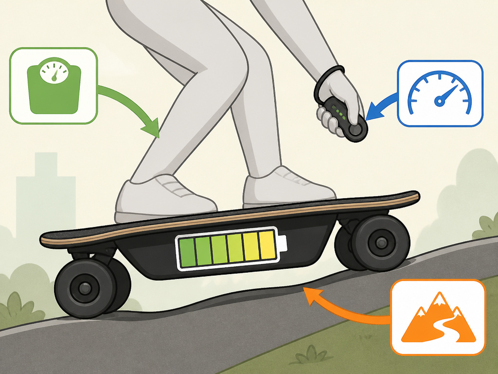 Factors affecting electric skateboard range: rider weight, mode, and terrain.