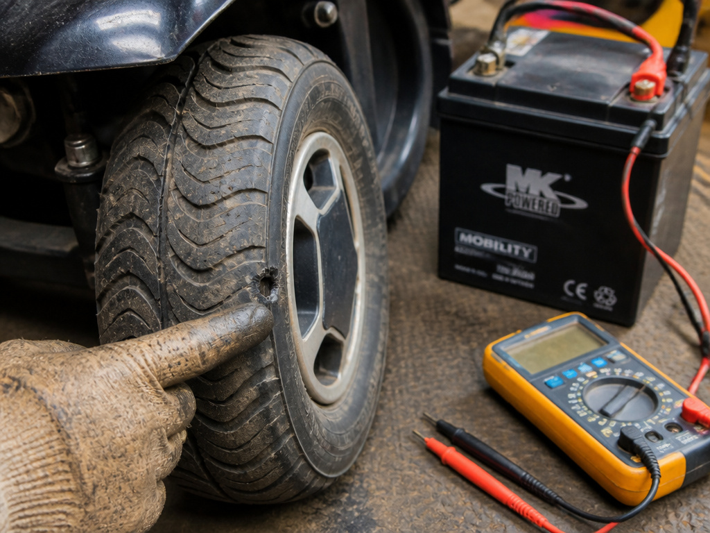Close-up of a punctured mobility scooter tire and diagnostic tools on a workbench.