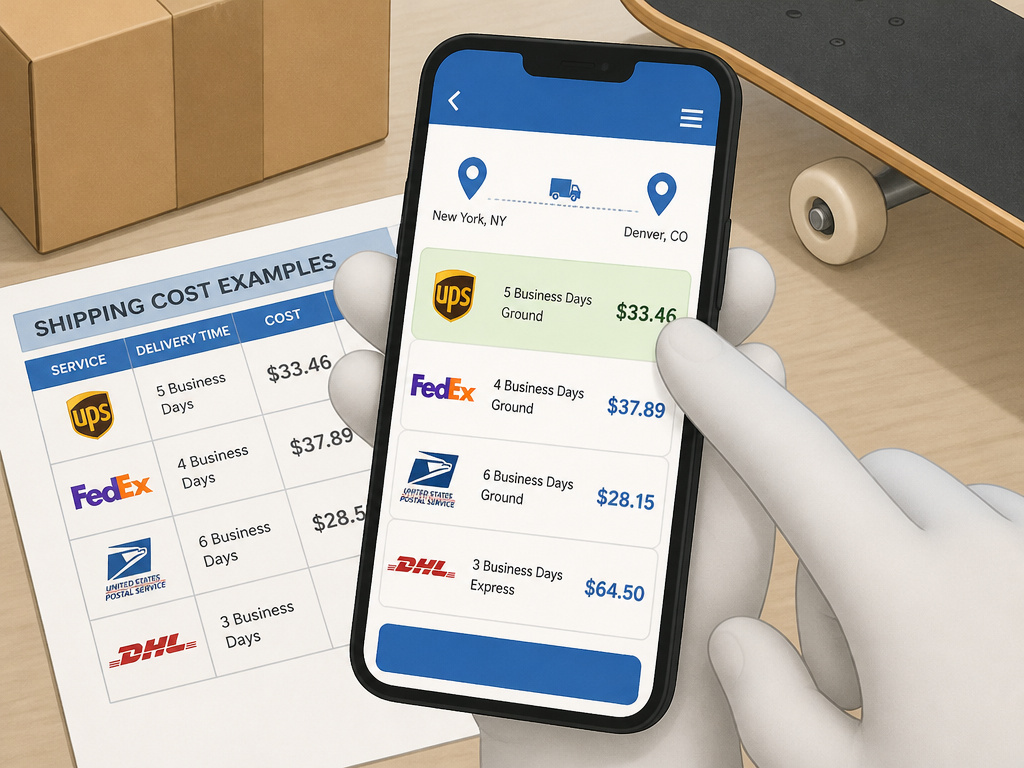 Comparing shipping cost quotes for a skateboard on a smartphone screen