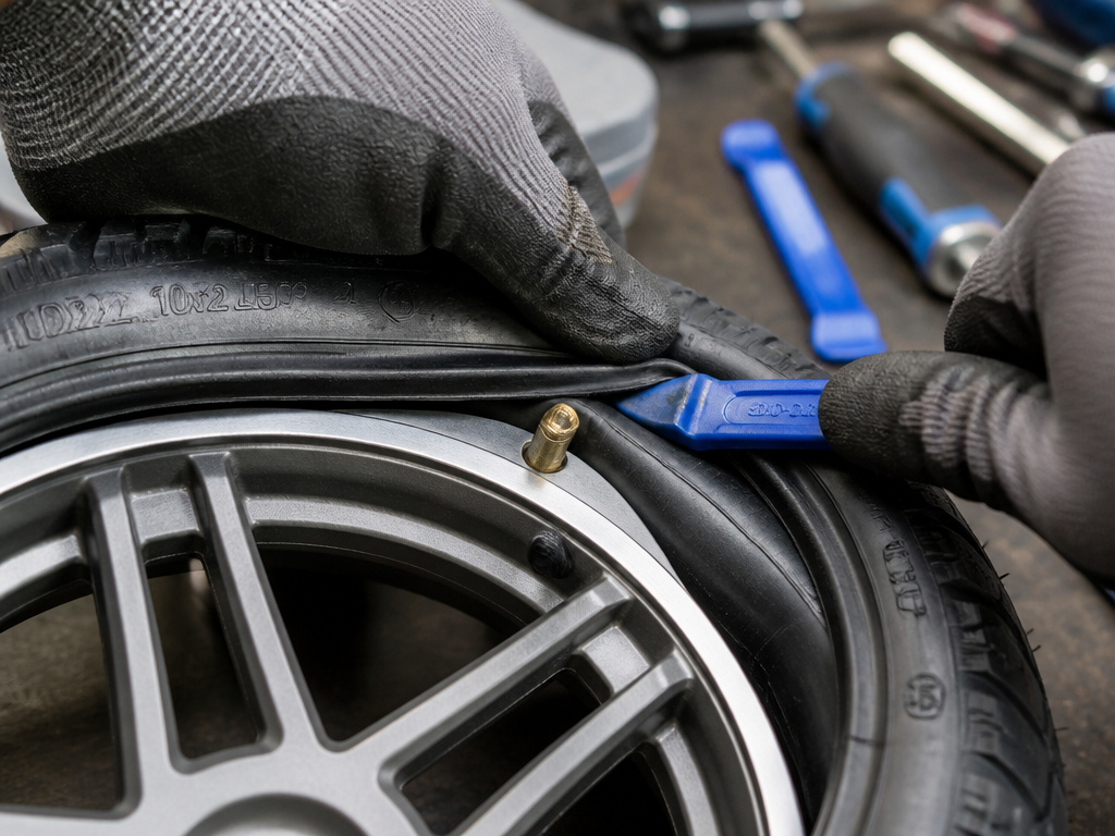 Close-up of installing a tire on an electric scooter rim with a plastic lever.