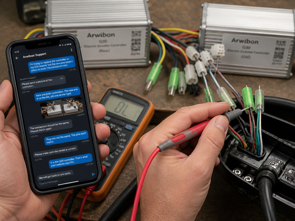 Troubleshooting Arwibon Q30 scooter with multimeter and smartphone for support