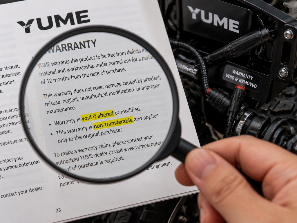 Close-up of YUME scooter warranty terms and a warning sticker on wiring.