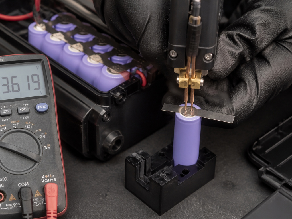 Spot welding a replacement 18650 cell into an electric scooter battery pack.
