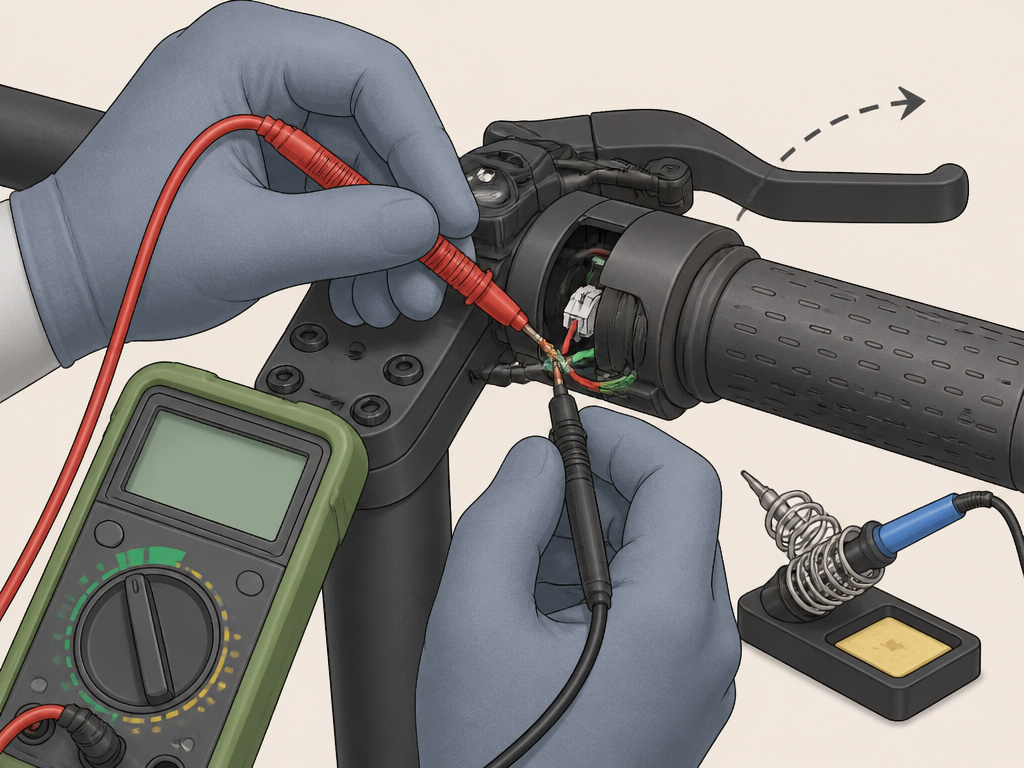 Close-up of diagnosing and repairing a loose throttle connection on an electric scooter.