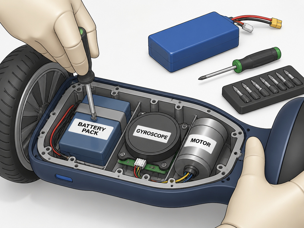Hands replacing a hoverboard's battery, gyroscope, and motor components.