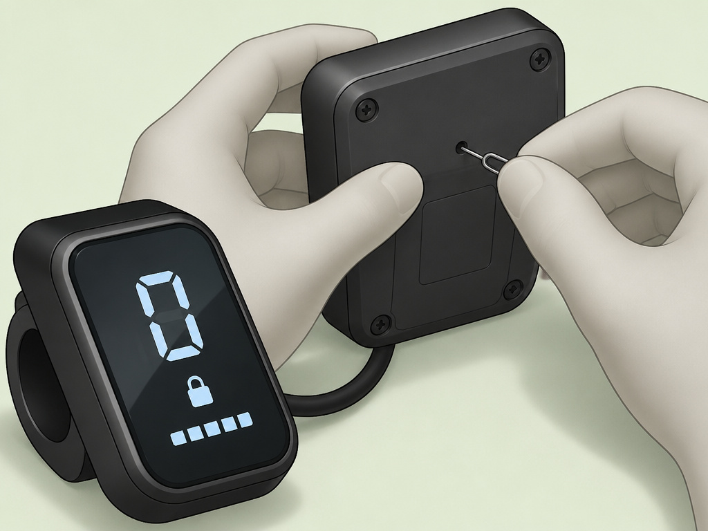 Resetting a Gotrax scooter display lock code with a paperclip.