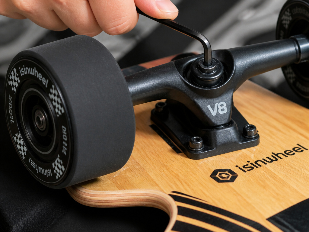 Close-up of tightening truck bolts on an isinwheel V8 electric skateboard deck