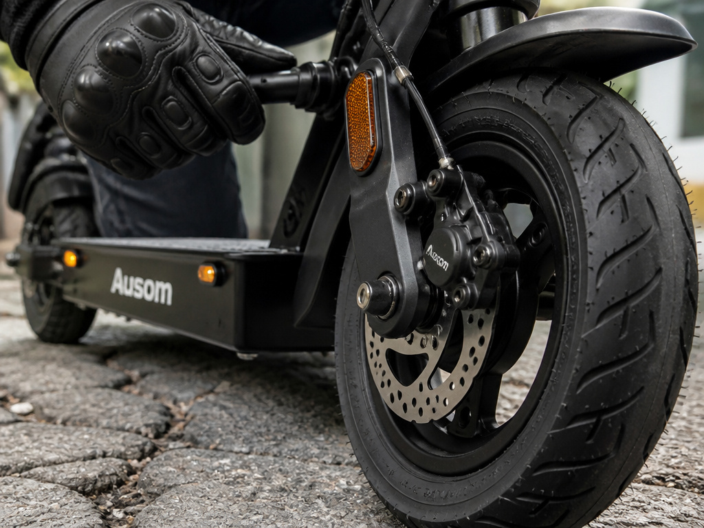 Ausom scooter tire and brake detail on rough pavement for ride quality review
