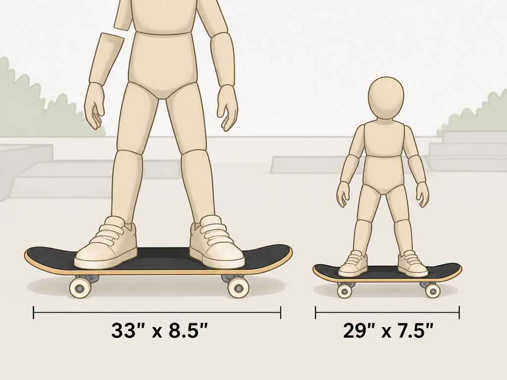 Skateboard size comparison for tall and short riders based on height and shoe size.