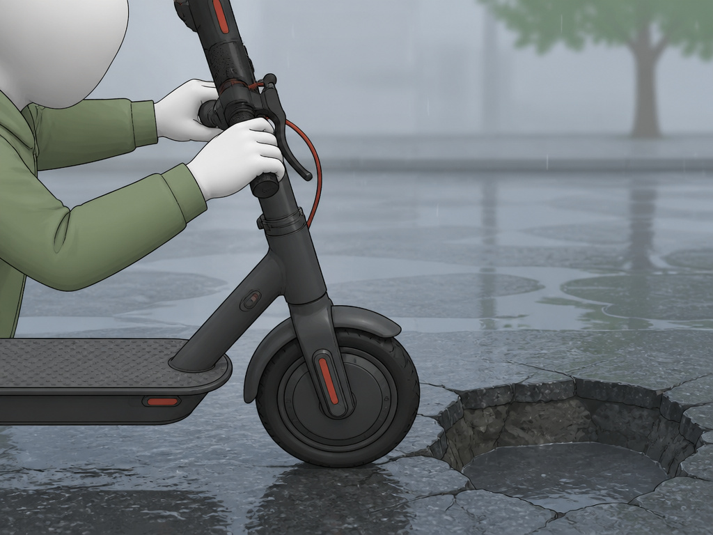 Electric scooter rider navigating a wet road with a pothole, demonstrating caution.