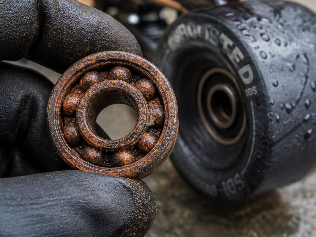 Rusty electric skateboard bearing showing water damage risks to mechanical parts.