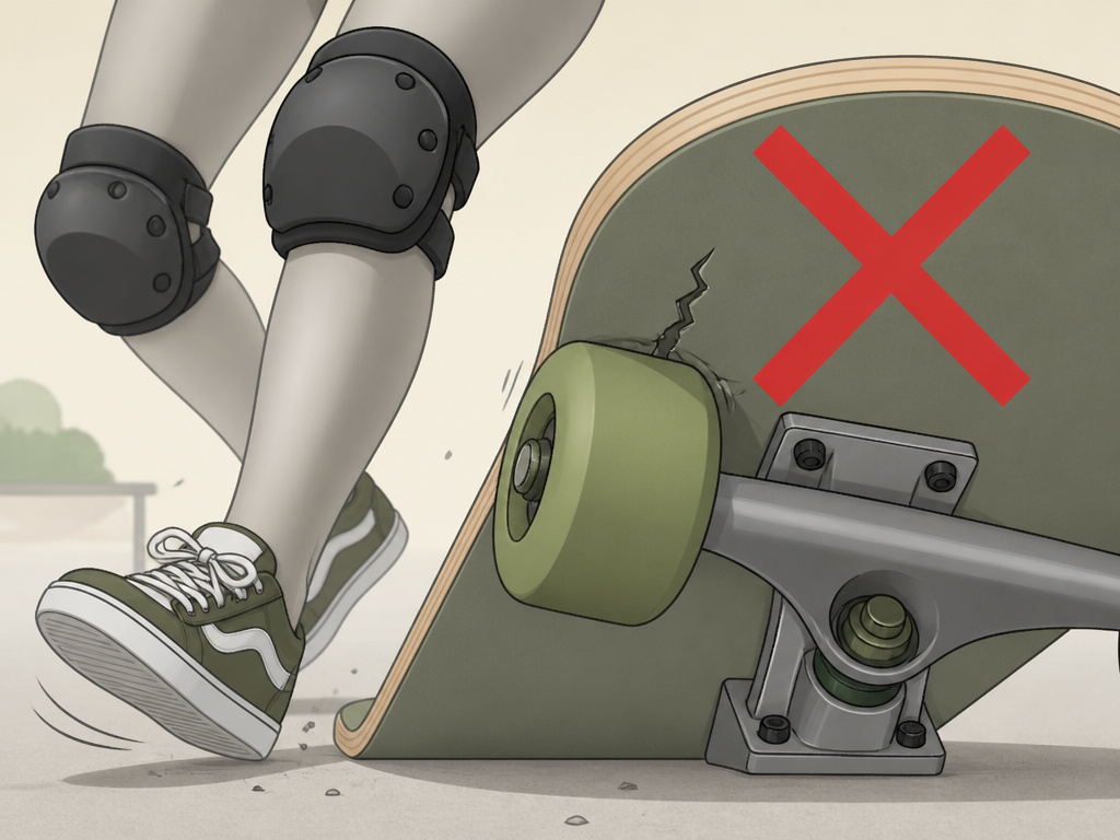 Illustration of wheel bite and deck crack risk during a longboard ollie attempt.