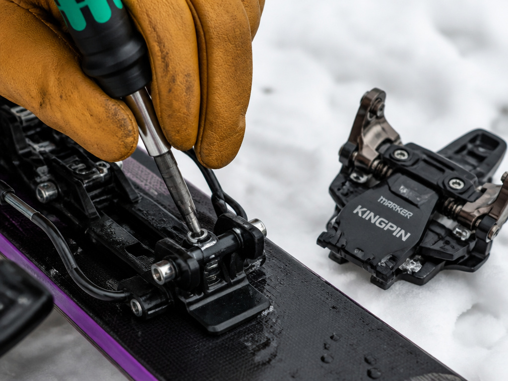 Close-up inspection of ski skate binding and axle for safety recall awareness.