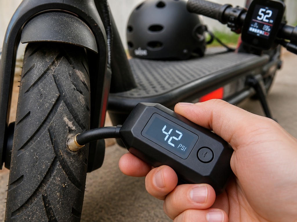 Checking electric scooter tire pressure for safe high-speed riding.