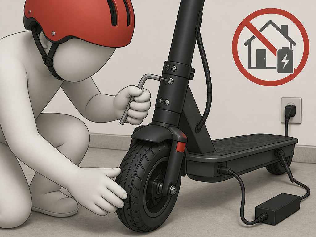 Safety checklist for charging and maintaining an iENYRID electric scooter.
