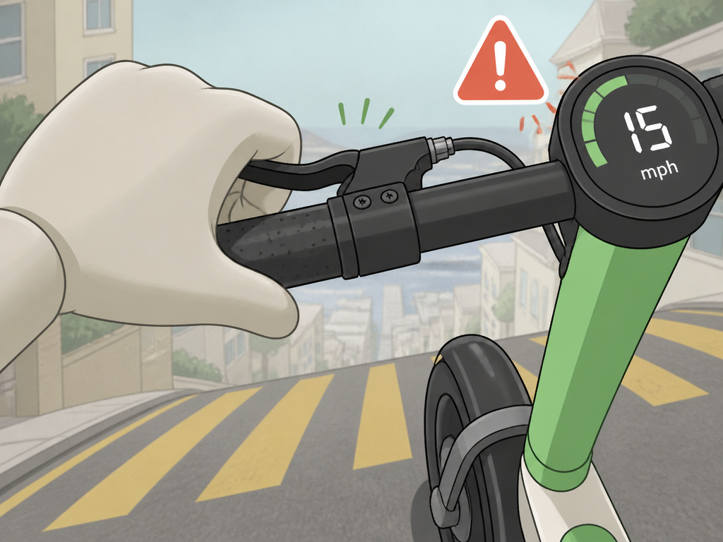 Close-up of hand testing a Lime scooter brake on a downhill slope
