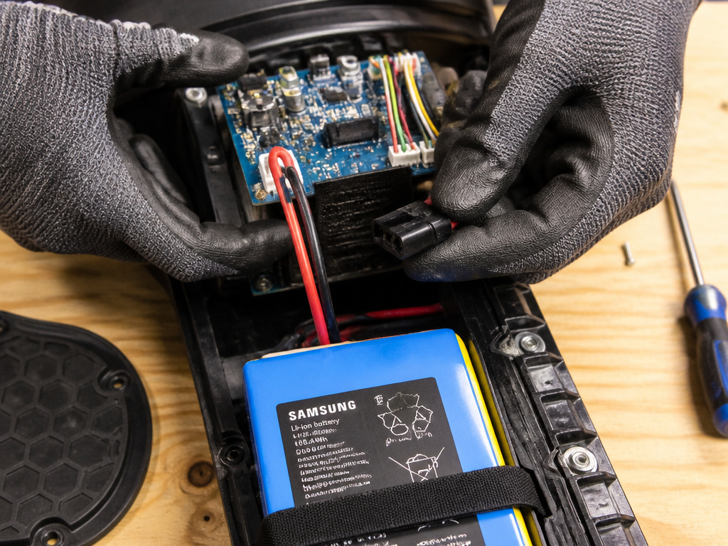 Disconnecting a hoverboard battery pack during a safe repair procedure.