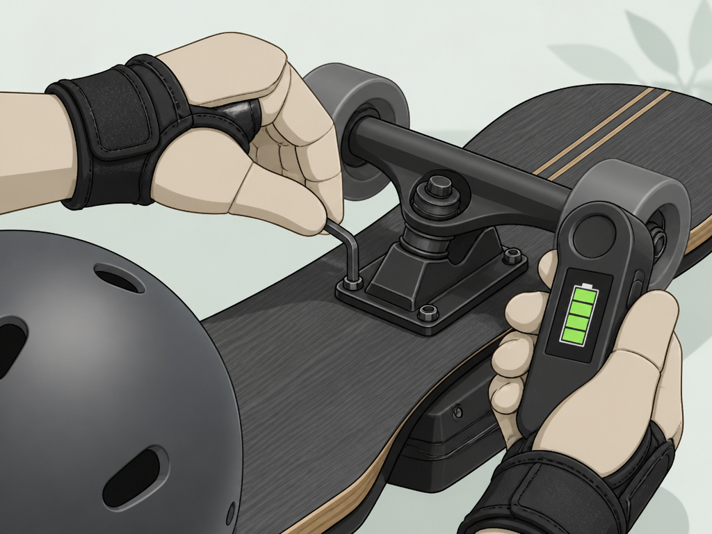 Backfire electric skateboard safety checklist, checking hardware and remote battery.