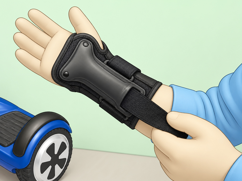 Child securing wrist guard for hoverboard safety, cartoon illustration.